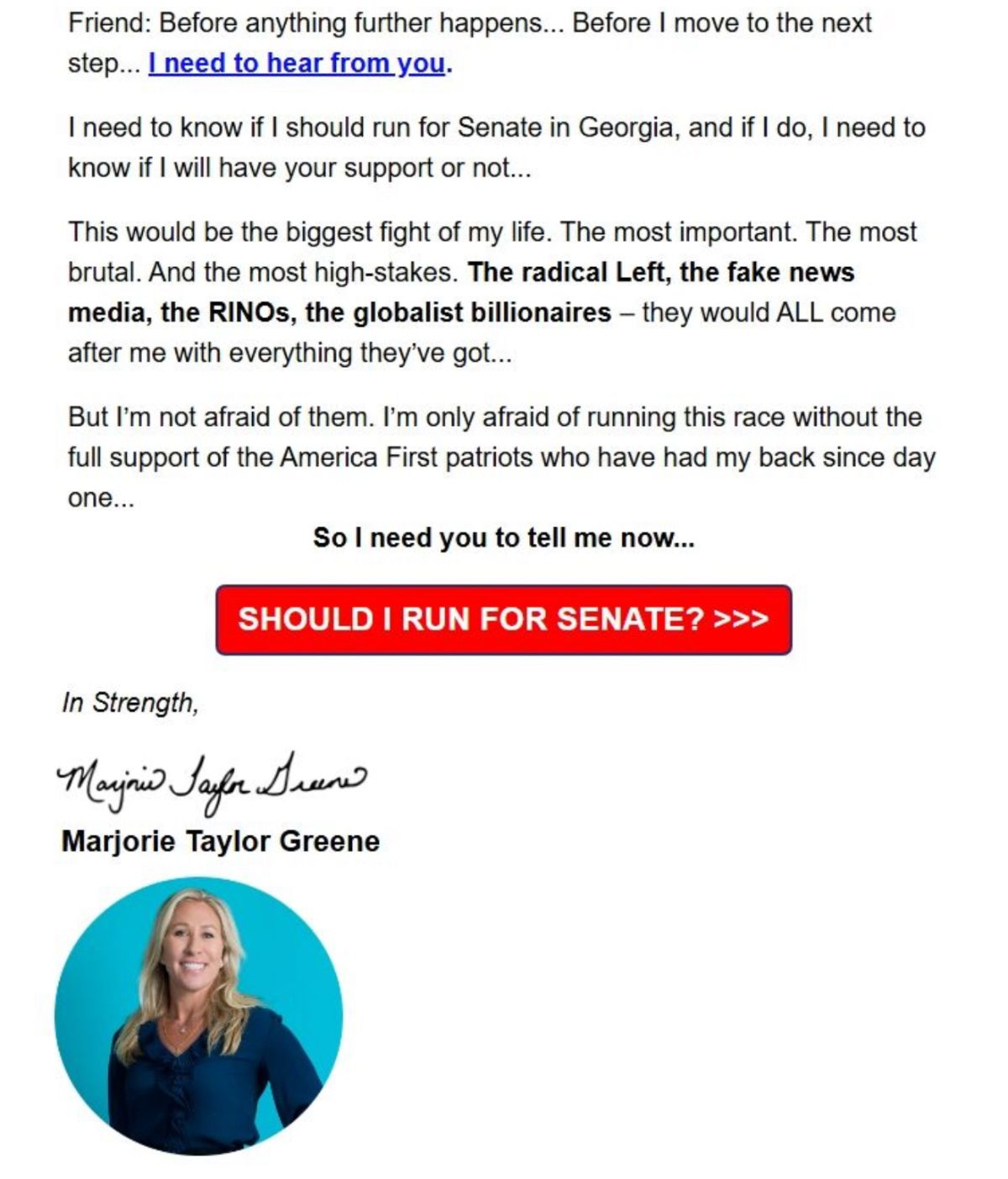 MTG email asks: Should I run for Senate?